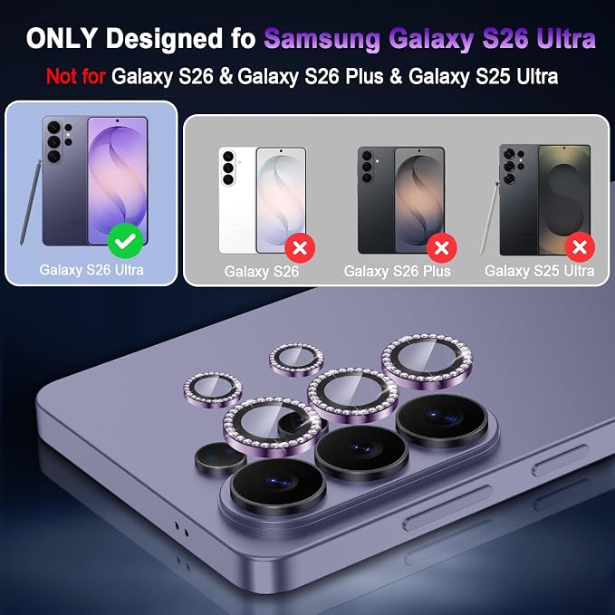 Meshine for Samsung Galaxy S26 Ultra Camera Lens Protector,Scratch Proof,Strong Adsorption,9H Hardness with Metal Ring Camera Cover,Ultra Thin Case Friendly, Accessories Lens Protector,Shiny Purple - Image 2