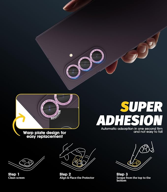 Orzero (2 Sets) Camera Lens Protector for Samsung Galaxy Z Fold 8 Ultra, [EZ Install] [Case-Friendly] 9H Tempered Glass Bling Lens Cover Accessories, Military-Grade Shockproof, HD Clarity Anti-Glare - Glitter Purple - Image 6