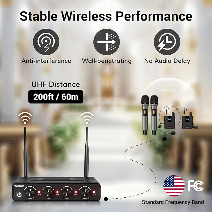 TONOR Wireless Microphone System, Handheld Mic Set with Headset/Lapel Mics | Lavalier Mic with Bodypack Transmitter, Receiver, 60 m/200ft Range Compatible with PA Speaker, for Karaoke, Singing, Church - Image 3