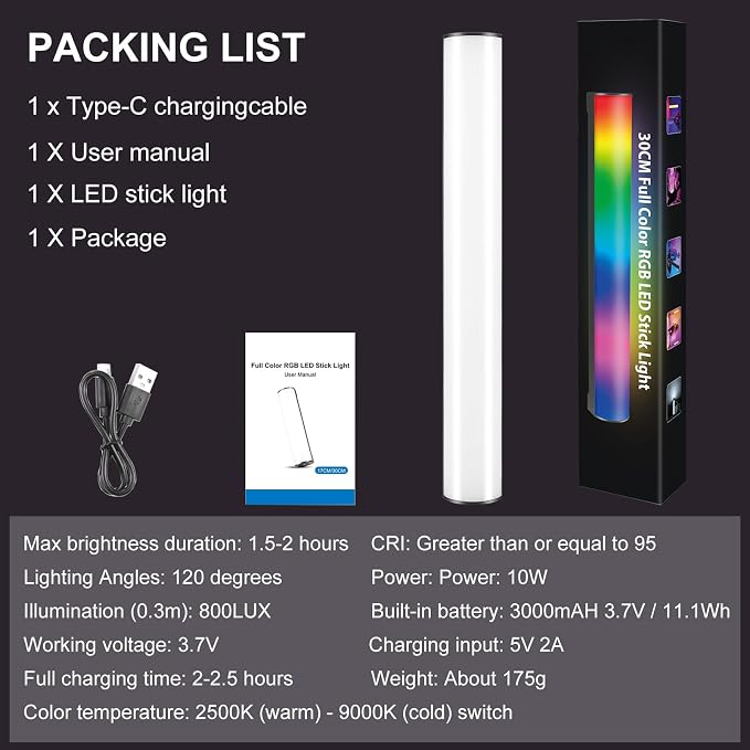 114 LEDs RGB Video Light Wand, Magnetic Handheld Magnetic Tube Light 2500K-9000K CCT & 20 Scene Modes with 3000mAh Battery, 95+ CRI, 120° Beam Angle for Photography YouTube TikTok Vlog - Image 9