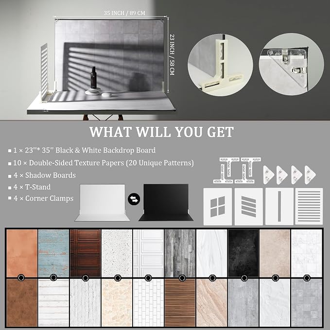 Photography Backdrops with Shadow Boards, 23x35in, 10 Pcs Background Paper | 20 Patterns, Photo Backdrop Board, For Tabletop Small Shooting, Background for Photos - Image 2