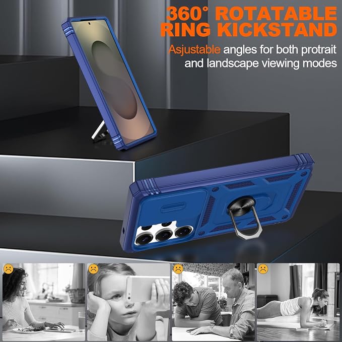 Gritup Fit for Samsung Galaxy S25 Ultra Case with Slide Camera Cover | 2 Pcs Screen Protector, Build in 360° Rotating Ring Kickstand, Military Grade Protective Phone Case, Blue - Image 8