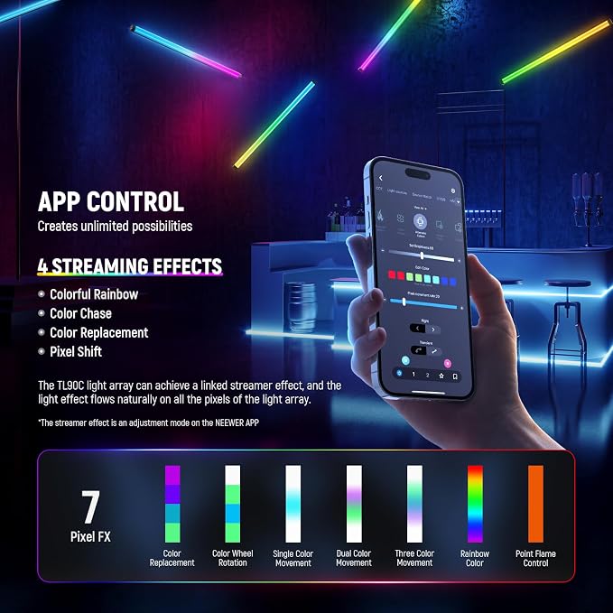 NEEWER RGB Tube Light, 30W LED Video Light RGBWW Full Color Stick Light Wand with 18 Scenes 7 Pixel Effects 2500-10000K CRI97/TLCI98 6000mAh, APP/2.4G/DMX Control for Photography Video Record, TL90C - Image 7