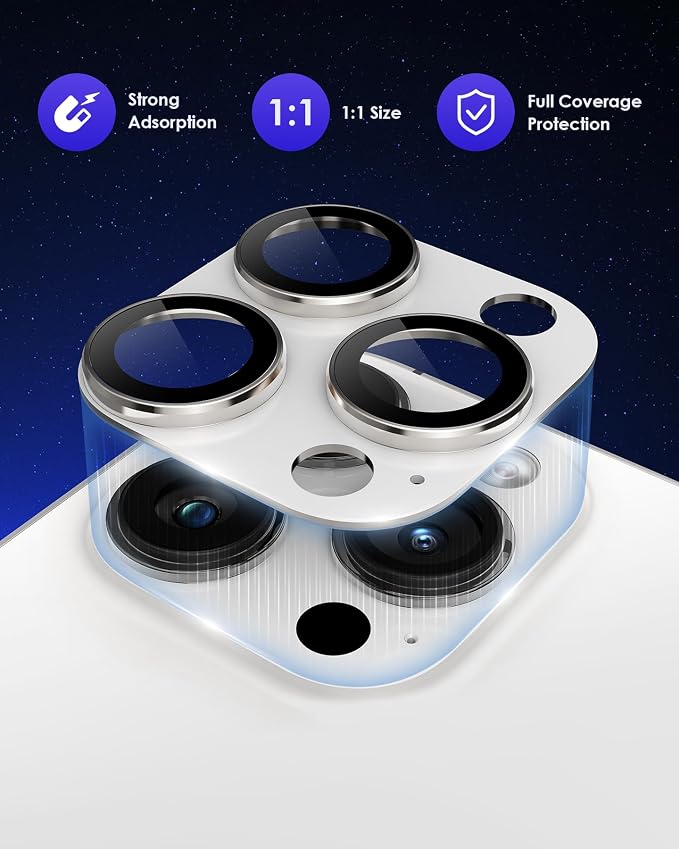 Compatible for iPhone 16 Pro Max/iPhone 16 Pro/iPhone 14 Pro/iPhone 14 Pro Max Camera Lens Protector [Full Coverage Metal] 9H Tempered Glass Camera Cover Titanium Silver+Silver - Image 2