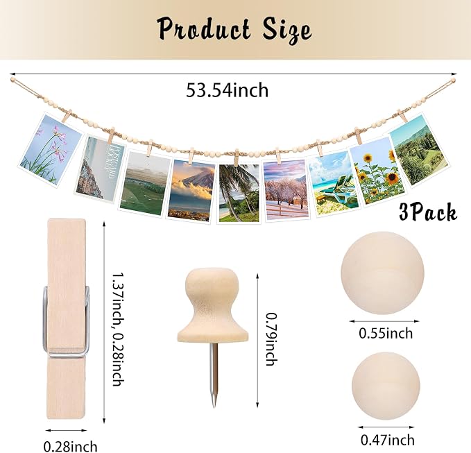 Boho Hanging Photo Display, 3 Pack Wooden Bead Garland with Clips | 30 Clips and 24 Pegs for Photos, Cards and Artwork, Bedroom Or Living Room Decor - Image 2