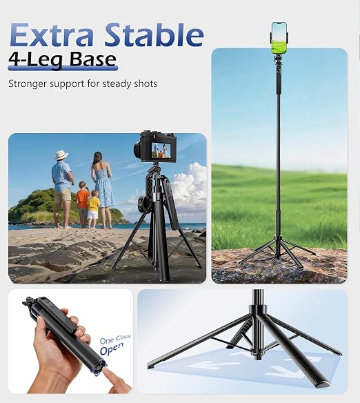 UBeesize 70'' Magnetic Selfie Stick Tripod for iPhone with Remote | 2-in-1 Phone Clamp, 1/4'' Screw Mount, Stable 4-Leg Tripod with Handle, MagSafe Phone Tripod for Camera, GoPro & Insta360 - Image 5