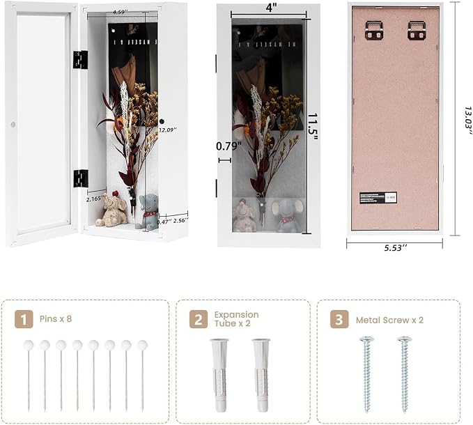 Muzilife 12.5x5 Shadow Box Wood Picture Frame, 2.16 Deep, Real Glass, White | FSC-Wood, Magnetic Door, Linen Interior & Pins, Vertical, Horizontal Wall Hanging, Display Case Frame for Photos & Keepsakes - Image 3