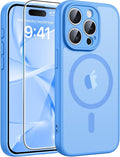 FNTCASE for iPhone 15 Pro Max Case, Fit for Magsafe, Glass Screen Protector | Full Camera Protection, Translucent Matte, 14FT Military Grade Drop Proof, Shockproof Protective Phone Cover, Ice Blue by FNTCASE