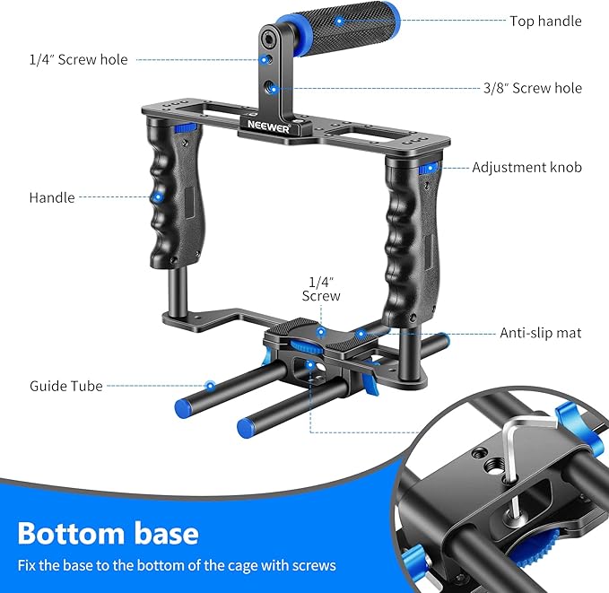 NEEWER Camera Video Cage Film Movie Making Kit, Aluminum Alloy with Top Handle, Dual Hand Grip, Two 15mm Rods, Compatible with Canon Sony Fujifilm Nikon DSLR Camera and Camcorder (Black + Blue) - Image 3