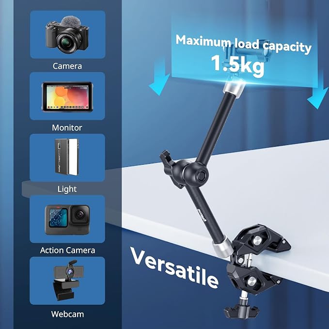 SMALLRIG Magic Arm Clamp Kit, Camera Mount Articulating Friction Arm w Super Clamp, w 1/4"-20 Screw and Thread Hole, for Camera, Light, Monitor, Webcam or Action Camera 1.5kg, for Table, Tube - Image 5