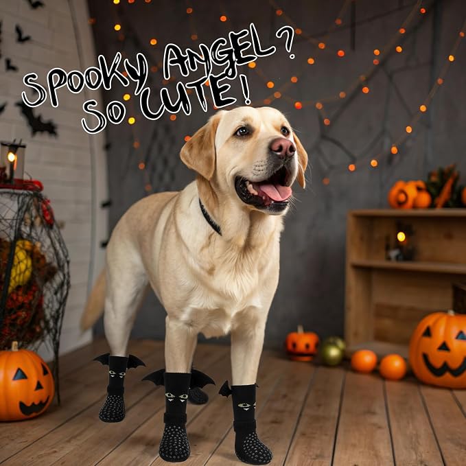 EXPAWLORER Halloween Anti Slip Dog Socks to Prevent Licking Paws, Boots & Paw Protectors with Grippers,Doggie Booties for Hardwood Floors for Small Medium Large Senior Dogs Costume Black Devil Wings M - Image 2
