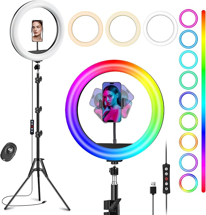 12'' Selfie Ring Light with Stand and Phone Holder, 75" Tripod 96 RGB Mode | Remote for iPhone &Android Camera. LED Halo Light for Photo/Video Recording/TikTok/Makeup. Vlogging Circle Ringlight Dimmable by Vlogging