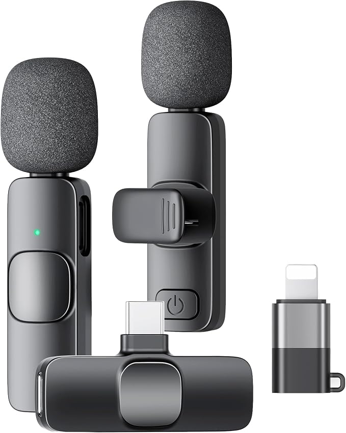 Wireless Lavalier Microphone for iPhone iPad and Android Phone, 2 Pack Lapel Mic Plug and Play Wireless Mic Noise Reduction Microphone for Video Recording Interview Podcast (Black) by KUKIHO