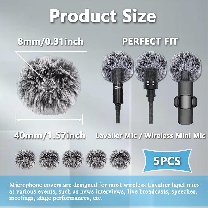 Mini Wireless Furry Windscreen Covers, Microphone Windscreen for Lavalier Lapel Microphone Mini Furry Mic Cover Noise Reduction - 5 pack - Image 2