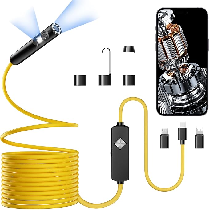Endoscope with Light, 1920P HD Borescope with 8 Adjustable LED Lights, Semi-Rigid Snake Camera, IP67 Waterproof Inspection Tool (16.4ft, Yellow Harness + Dual Lens) by Unknown