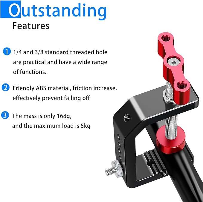 C Clamp Camera Clamp Mount with 1/4" and 3/8" Threaded Holes - 2.44 Inch Jaw Opening - Max Load 12lb/5kg - Image 8