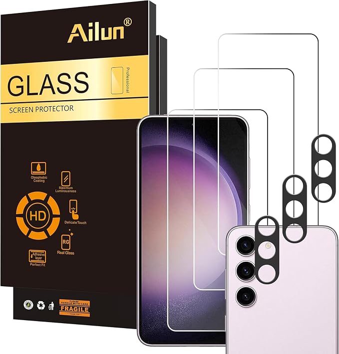 Ailun Screen Protector + Camera Lens Protector for Galaxy S23, 3+3 Pack | 6.1 Inch, Tempered Glass, Fingerprint Unlock Compatible, 0.25mm, Ultra Clear, Anti-Scratch, Case Friendly by Ailun