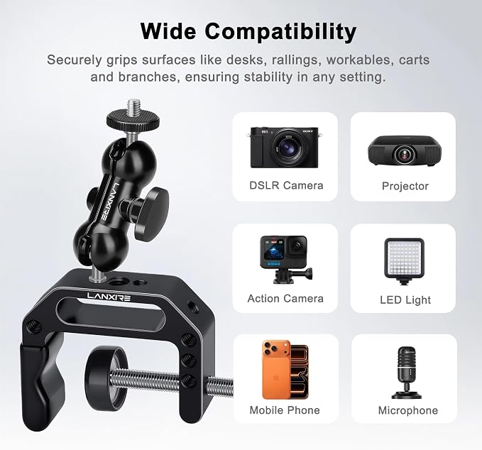 Camera Clamp Mount C Clamp with Magic Arm - Perfect for Fence, Desk, Tripod, Monitor, Light, GoPro, Insta360, DSLR - Essential Tool for Outdoor Projects, Broadcasting, Photography - Image 5