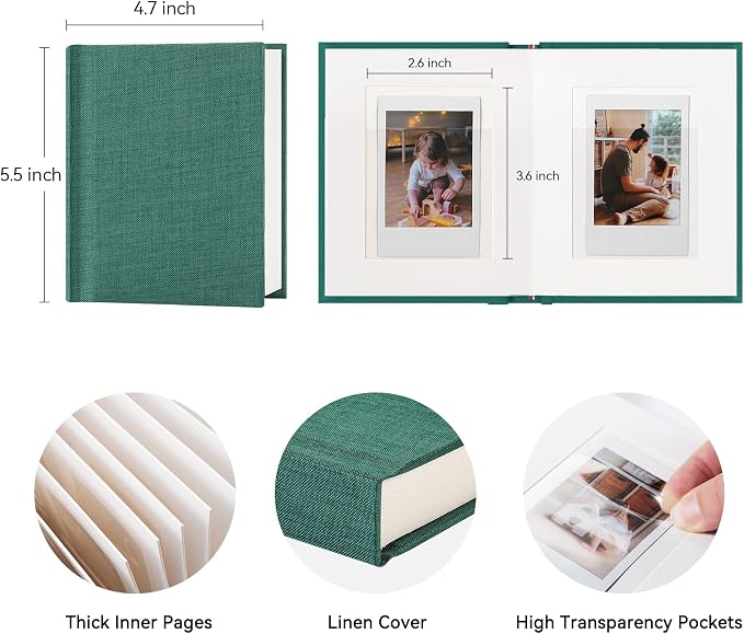 Instax Mini Photo Album with Writing Space, Linen Cover, Green | Compatible with 2x3 inch & Polaroid Pictures, 28 Recessed Clear Pockets, Wedding Guest Book and Family Memories - Image 2