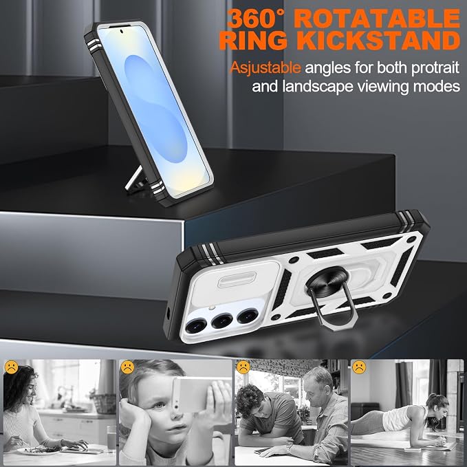 Gritup Fit for Samsung Galaxy S25 Case with Slide Camera Cover | 2 Pcs Screen Protector, Build in 360° Rotating Ring Kickstand, Military Grade Protective Phone Case, White+Black - Image 8