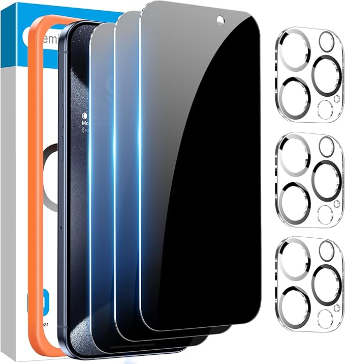 Fotbor [3+3 Pack for iPhone 15 Pro Privacy Screen Protector & Camera Lens Protector, Privacy Screen iPhone 15 Pro, Anti Spy Private Tempered Glass Easy Installation Kit 6.1 Inch Accessories by Fotbor