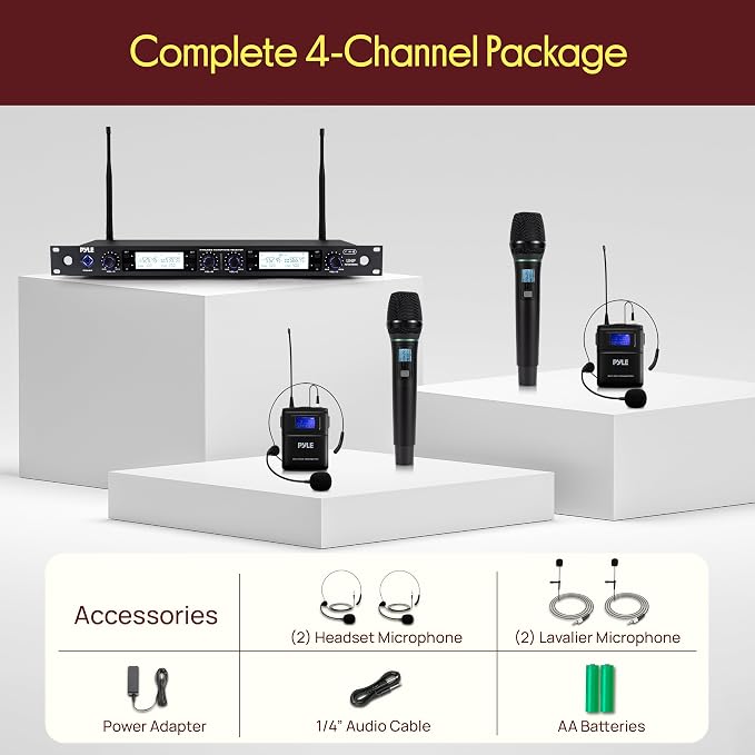 Pyle 4 Channel UHF Wireless Microphone System with 2 Handheld Mics, 2 Lavalier 2 Headsets & Beltpack Transmitters, 300ft Range, Rack Mount Receiver for Church, Meetings, DJ & PA Systems - Image 7