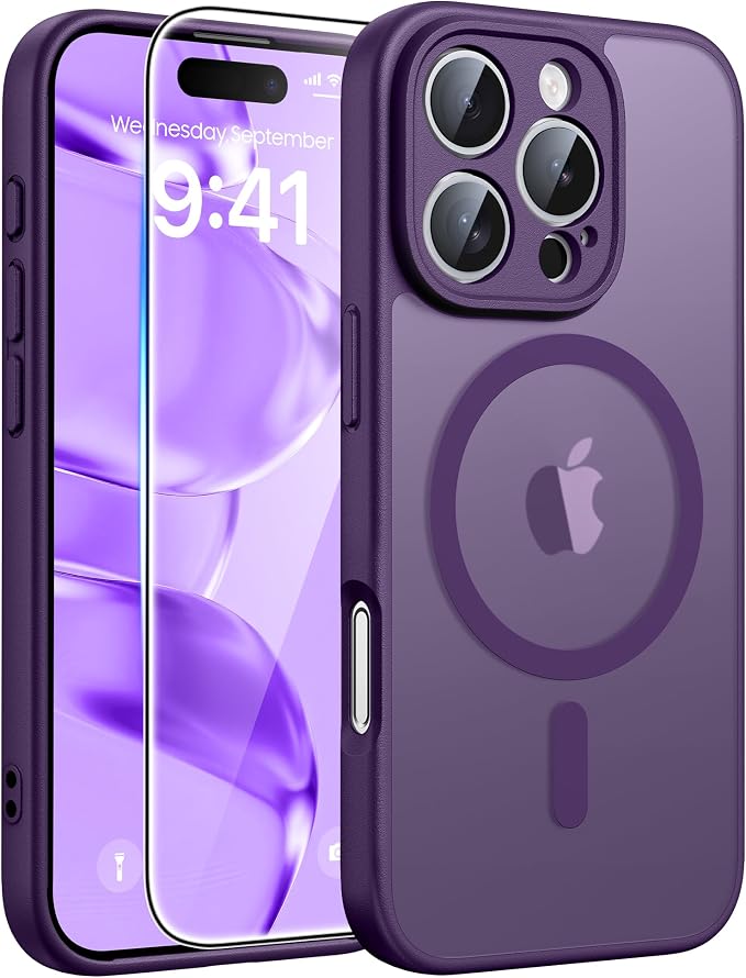 FNTCASE for iPhone 16 Pro Case, Fit for Magsafe, with Screen Protector | Full Camera Protection, Translucent Matte, 14FT Military Grade Drop Proof, Shockproof Protective Phone Cover, Purple by FNTCASE