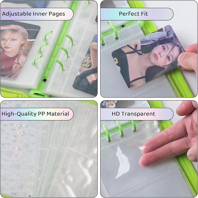 A5 Photocard Binder with 25 Pake 4-Pocket Pages, 6 Ring Photocard Holder Collector Storage Album Collecting Book with 200 Pockets for Organizing Photo,Trading,Game Card Collection (Green) - Image 4