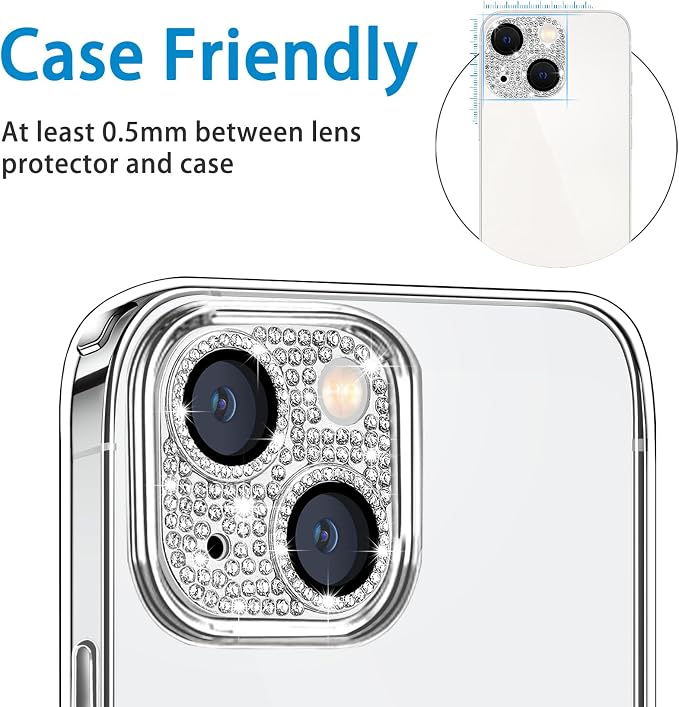 for iPhone 14 & iPhone 114 Plus Camera Lens Protector, Bling 3D Rhinestone Sparkle Diamond 9H Tempered Glass Camera Cover Anti Scratch Shockproof Metal Lens Screen Full Protective Cover, Silver - Image 3