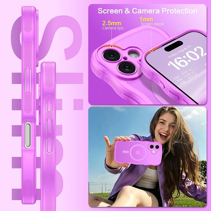 BENTOBEN Magnetic for iPhone 16 Case, Cute Wavy [Full Camera Protection][Compatible with MagSafe] Matte Anti-Slip Bumper Women Girls Boys Protective Cover for iPhone 16 6.1",Berry Purple - Image 4