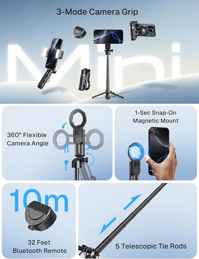 MAGIC JOHN Phone Tripod with 2 Selfie Light, Portable Pocket Size Selfie Stick for iPhone Magsafe, Selfie Stick with Detachable Remote Control for Photograph, Live Streaming, Video Recording - Image 9