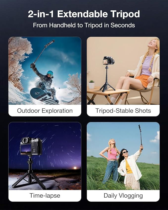 Llano 16"/40cm Action Camera Tripod for DJI Osmo Pocket 4/3, Insta360 X5 X4 X3, Gopro Hero13/12, Extendable Mini Tripod with 1/4'' Screw, Small Selfie Stick for Sony, Canon, 360° Ball Head, Black - Image 5