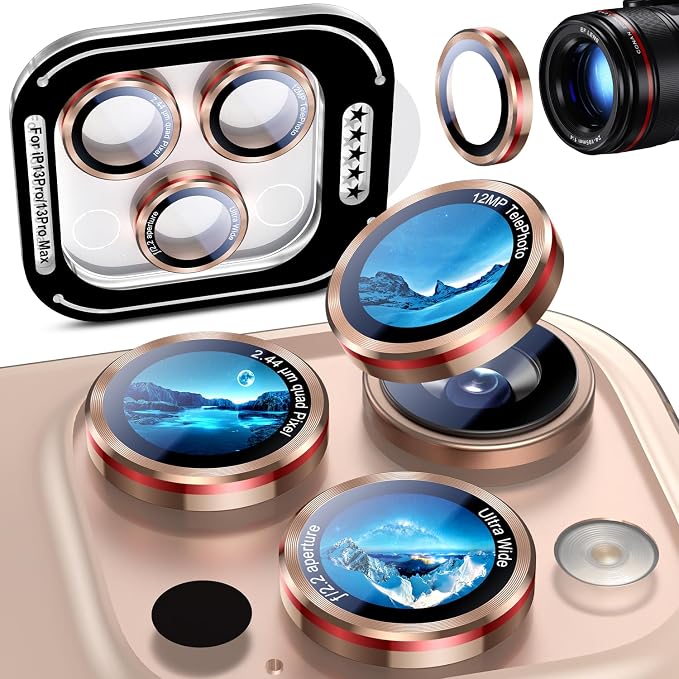 Uyiton for iPhone 13 Pro Max/13 Pro Camera Lens Protector | Unique Lines Text Design, Case-Friendly, Military-Grade Sapphire Glass Metal Camera Cover, Easy to Install, Gold+Red by Uyiton