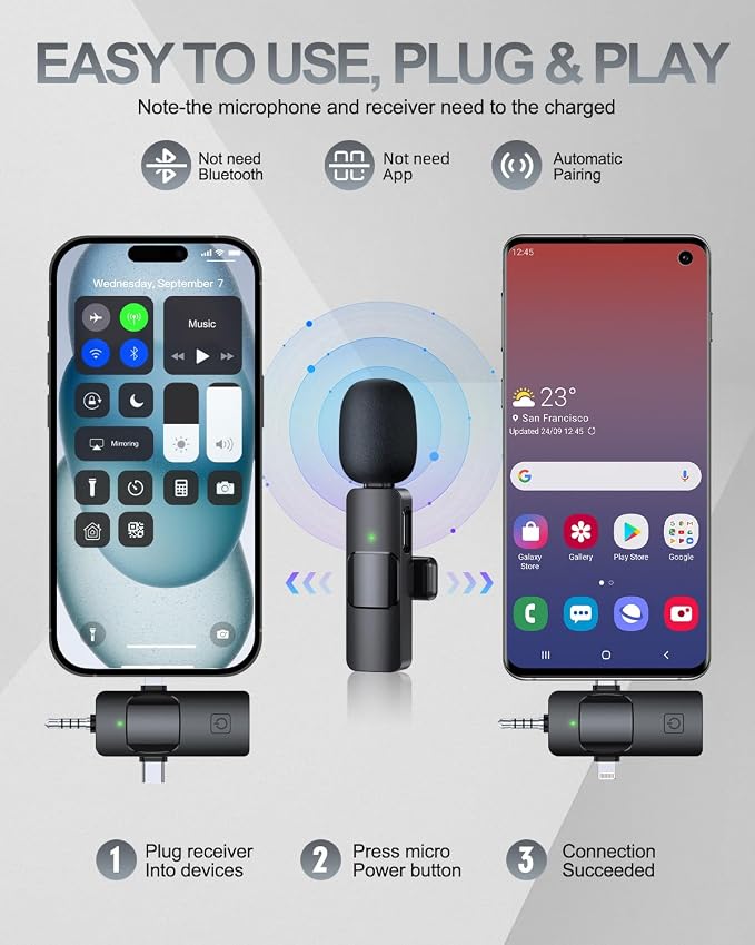 PQRQP 3 in 1 Professional Wireless Lavalier Microphone for iPhone/Android/Camera, Wireless Microphones, Mini Microphone, Crystal Clear Sound Quality for Recording, Live Streaming, Clips-Elegant Black - Image 2