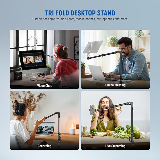 NEEWER 45.5" Overhead Camera Desk Stand, Aluminum 4 Section Magic Mic Boom Arm with C Clamp Mount Holder, for Webcam LED Light Microphone Streaming Zoom Video Recording, Max Load 4.41lb, DS023 - Image 6
