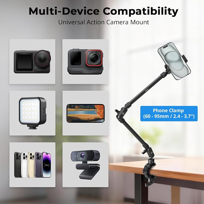 SMALLRIG 26" Magic Arm with Super Clamp, Overhead Phone Mount w/Cable Clip | Flexible Desk Camera Mount with 1/4" Screw and Cable Clip, Max Load 2.2lb, for iPhone/Action Camera/Video Light/Webcam/Mic - Image 6