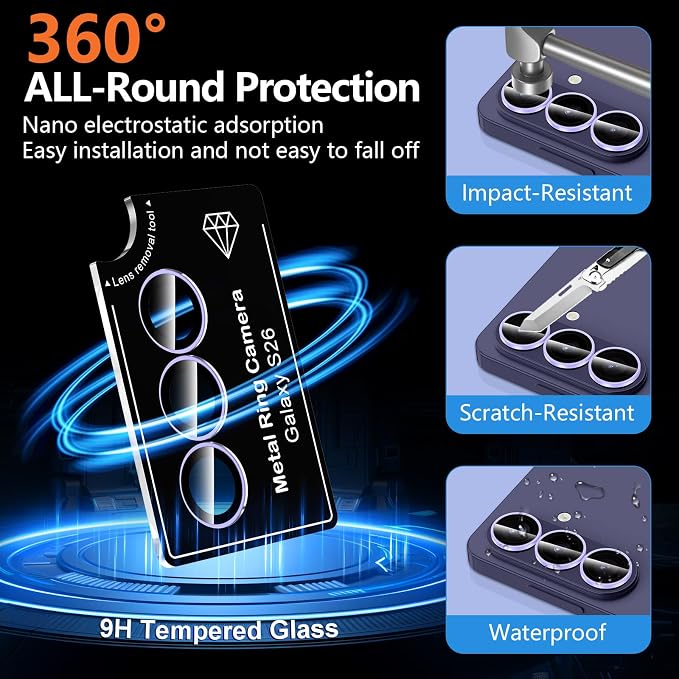 for Samsung Galaxy S26 Camera Lens Protector, Individual Metal Ring Tempered Glass Lens Cover, [Strong Adsorption] Scratch Resistant Ultra-Thin HD Clear Lens Cover, 1 Set-Purple Shine - Image 4