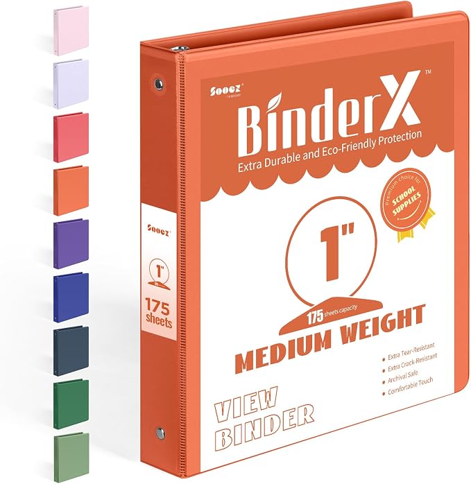 BinderX Extra Durable 3 Ring Binder, Round Rings 1 Inch Binder | Fits 175 Sheets of 8.5x11 Paper, Customizable View Cover with Inside Pockets, Cute 1" Binders, 1 Inch 1 Pack, Orange by Sooez