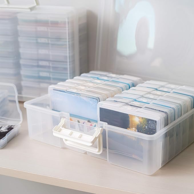 IRIS USA Photo Storage Box |Made in USA| 16 Cases - Clear | Fits 4" x 6" Pictures / Built-In Handle / Organizing Containers for Tasks, Stickers, Ephemera & Flashcards - Image 6