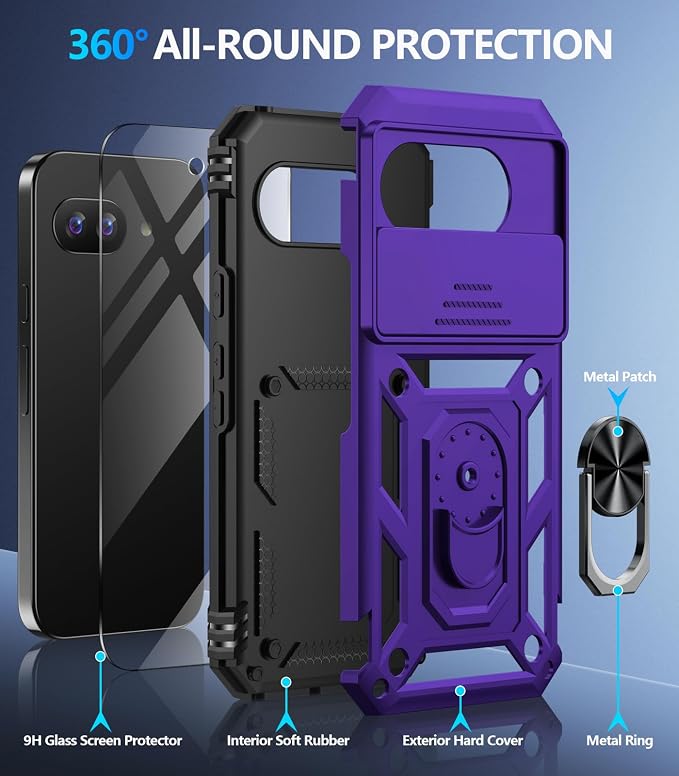 Taisairu for Google Pixel 10A Case with Screen Protector & Slide Camera Lens Cover,Built-in 360°Rotate Magnetic Ring Stand Shockproof Protective Phone Case for Google Pixel 10A Case (Purple) - Image 2
