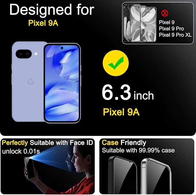 Ferilinso Privacy Screen Protector for Google Pixel 9A, Tempered Glass | 3 Pack, 9H+ Hardness, Military-Grade Shatterproof, Anti-Scratch, HD Clear, Case Friendly, Easy Installation, Bubble Free - Image 2