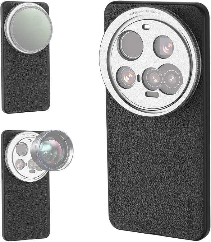NEEWER 15 Ultra Case, Protective Phone Case Compatible with Xiaomi 15 Ultra, Heavy Duty TPU + PC Faux Leather with 17mm Lens Mounts & 67mm Filter Adapter for Wireless Charging, PA101 Black + Silver by Neewer
