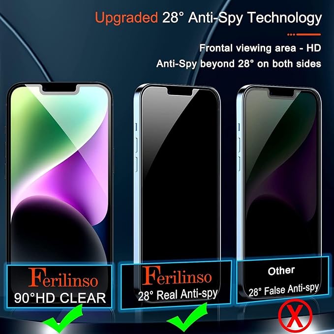 Ferilinso Privacy Screen Protector for iPhone 13/14, Tempered Glass | 2 Pack, 9H+ Hardness, Military-Grade Shatterproof, Case Friendly, Easy Installation Bubble Free, with Camera Lens Protector - Image 4
