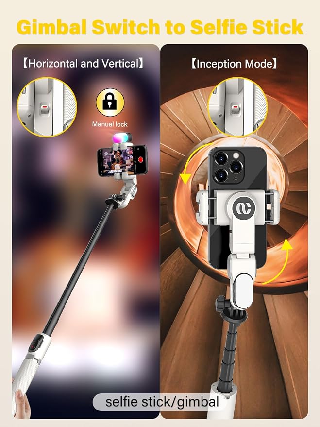 AOCHUAN M2PRO White Smartphone Gimbal Stabilizer, 4-in-1 Phone Stabilizer | No App Required Face Tracking, 108cm Extension Rod with RGB Fill Light, for iPhone & Android, Selfie, Travel, Daily Recording - Image 4