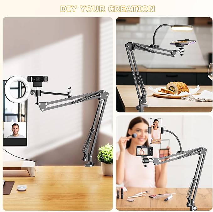 Overhead Camera Mount with Ring Light, Flexible Articulating Phone Arm Stand Compatible with iPhone, Logitech Webcam, Desk Tripod for YouTube Live Stream Cooking Nail Video Recording - Image 2