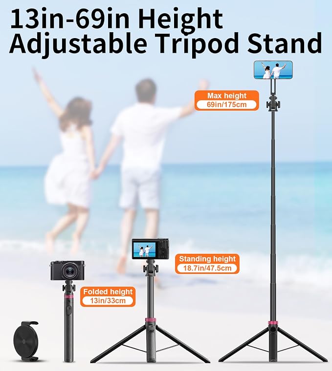69" Magnetic Phone Tripod Stand Selfie Stick with Remote & Phone Mount | Portable Stand holder Rechargeable with Tripod Leg，360°Rotatable Travel Tripod Compatible for iPhone/Android/Magsafe - Image 4