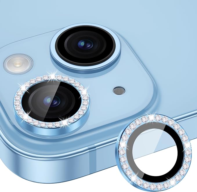for iPhone 15/15 Plus Camera Lens Protector Bling Diamond, Blue | Individual Metal, 9H Hardness, Scratch Resistant, Shockproof, Drop Protection, Case Friendly, Stylish Accessories by Xfilm