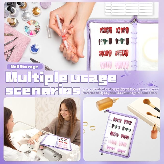 Press on nail storage Nail Storage Book - Portable Versatile Organizer for Press - On Nails, Jewelry and More with 90 Pcs Adhesive Double Sided Tape Purple - Image 7