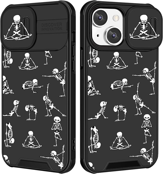 (2in1 for iPhone 13 Case Skeleton Yoga Cute Halloween Phone Cover Funny Skull Design with Slide Camera Cover Protective Black Cool Horror Pattern Teen Cases for iPhone13 6.1'' by Goocrux