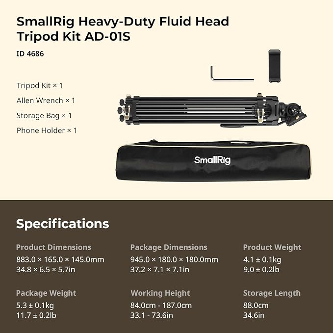 SmallRig AD-01S Video Tripod, 74" Heavy Duty Tripod with Pan and Tilt Fluid Head, Dual-Mode Quick Release Plate, Load up to 13.2lb / 6kg for DSLR, Camcorder, Cameras - Image 9